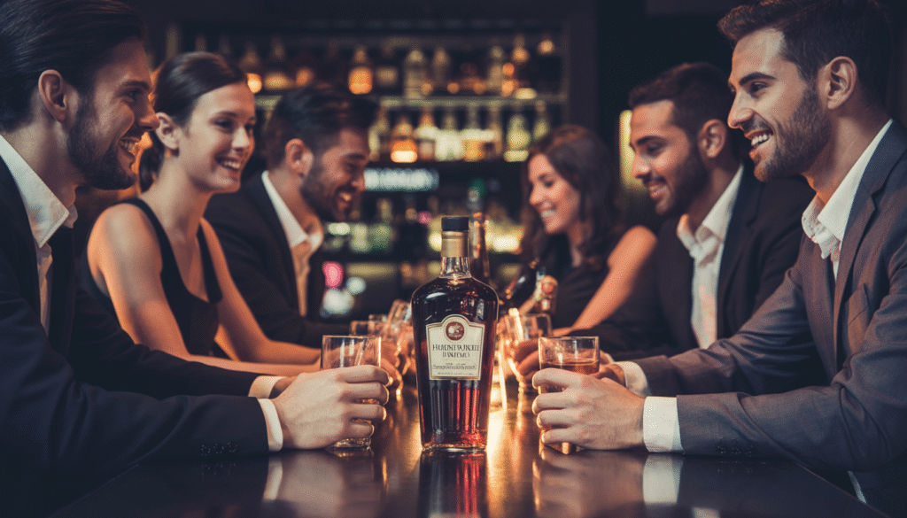 A group of elegantly dressed people sitting at a dark bar in a sophisticated nightclub, with a bottle of liquor in the center, engaged in lively conversation under ambient lighting.