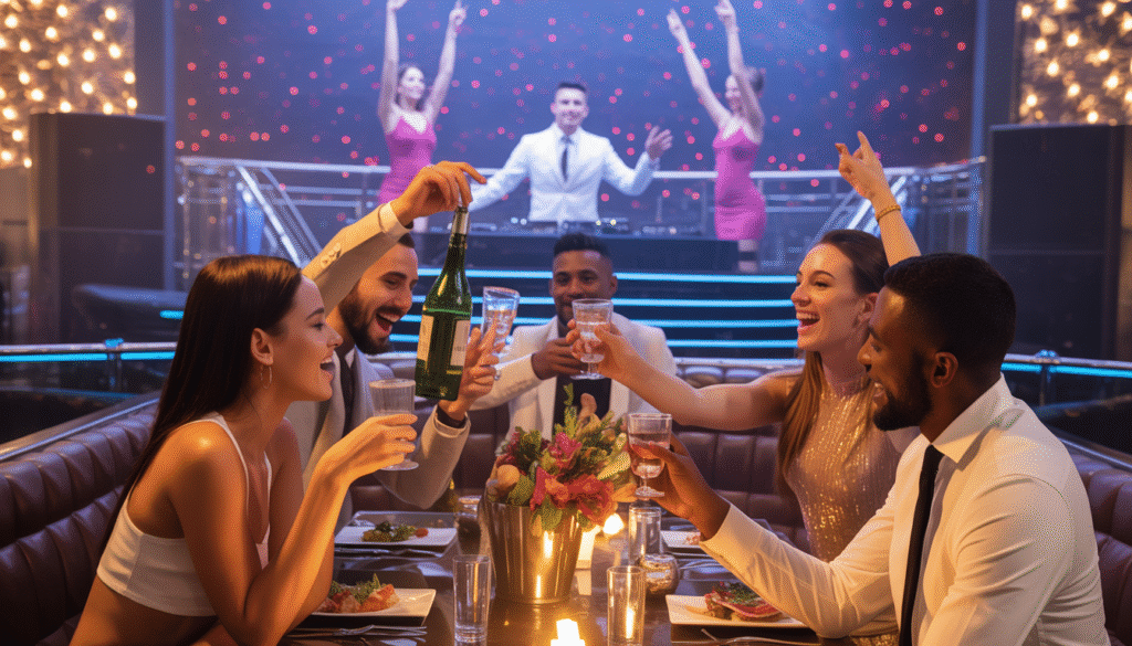 A group of friends celebrating with bottle service and gourmet dining in a luxurious club, with live DJ and dancers in the background.