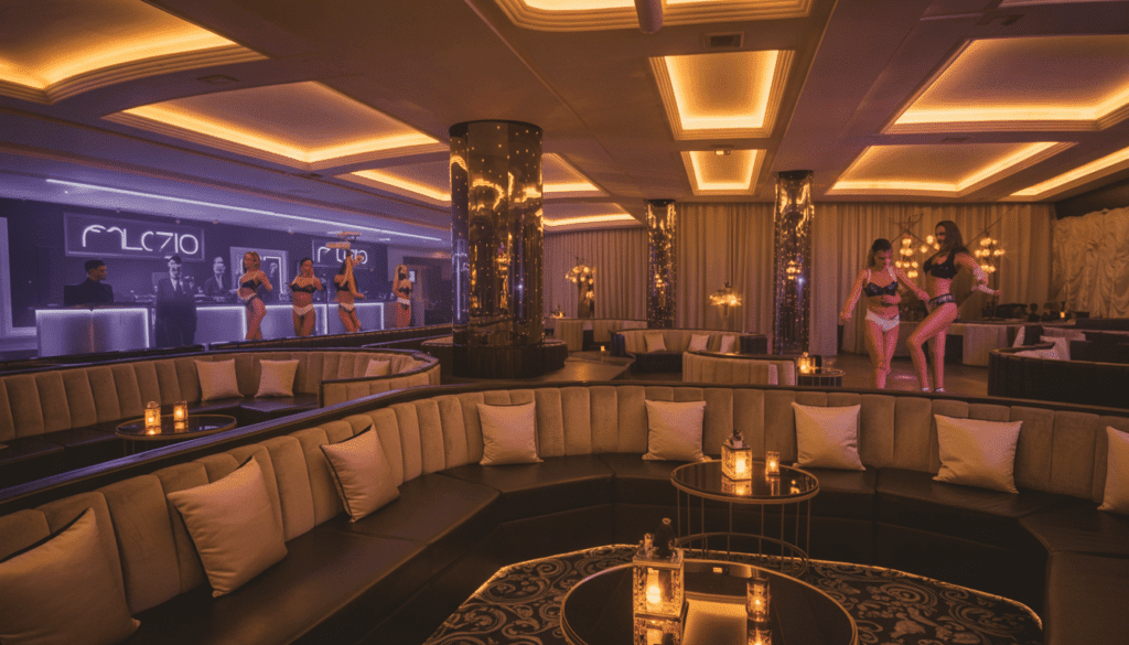 Luxurious VIP lounge at Palazio with stylish decor, ambient lighting, a DJ booth, and dancers performing on stage, creating an exclusive and celebratory atmosphere.
