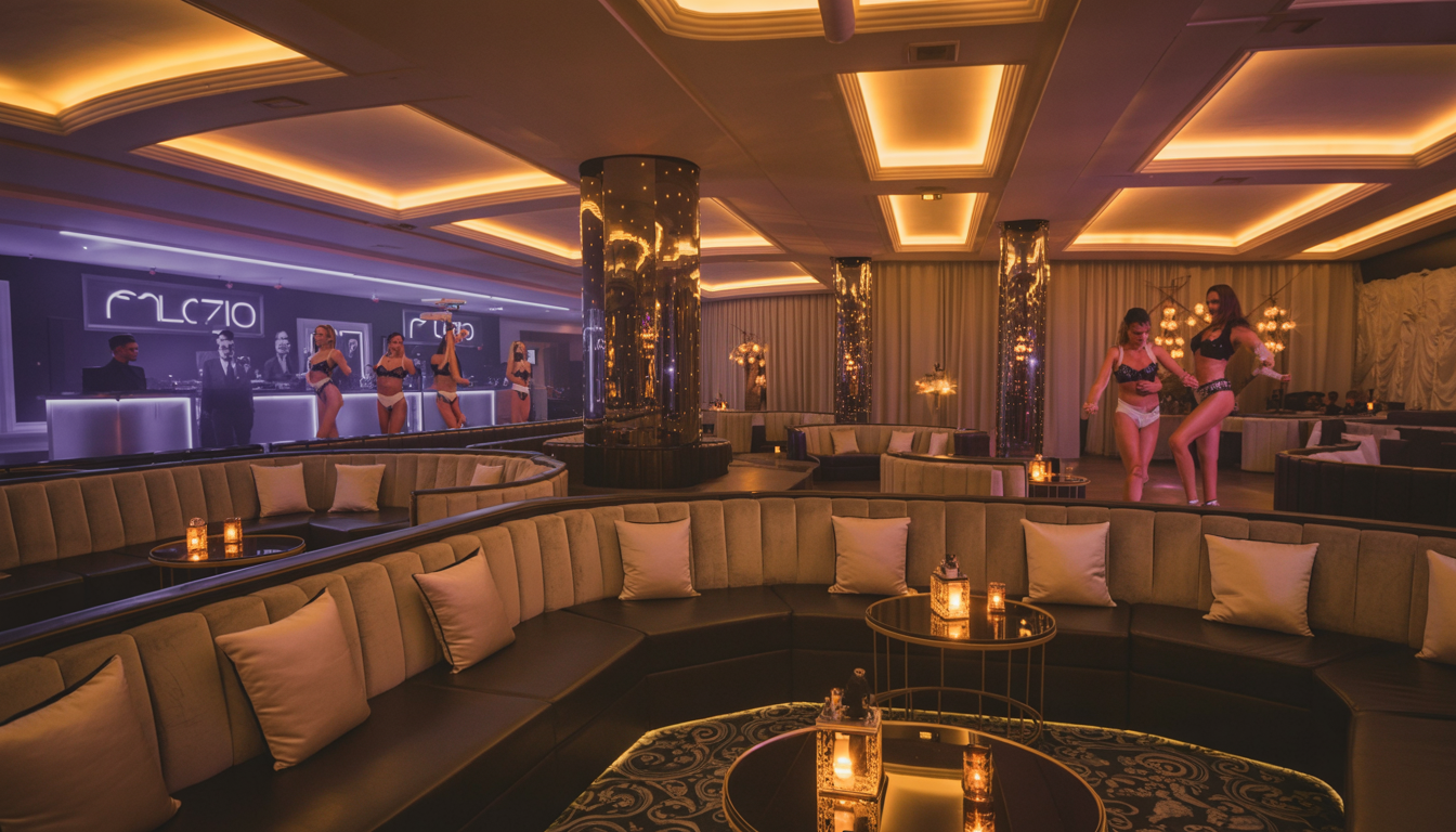 Luxurious VIP lounge at Palazio with stylish decor, ambient lighting, a DJ booth, and dancers performing on stage, creating an exclusive and celebratory atmosphere.