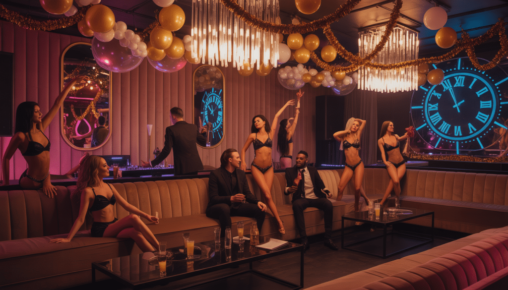 An elegant strip club interior on New Year's Eve, with plush velvet seating, chandeliers, festive decorations, and a digital countdown clock, where patrons enjoy cocktails and dancers perform gracefully.