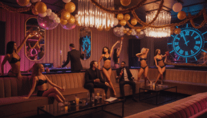 An elegant strip club interior on New Year's Eve, with plush velvet seating, chandeliers, festive decorations, and a digital countdown clock, where patrons enjoy cocktails and dancers perform gracefully.