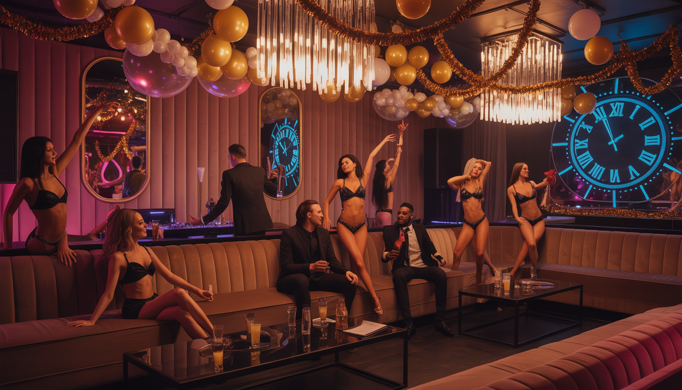 An elegant strip club interior on New Year's Eve, with plush velvet seating, chandeliers, festive decorations, and a digital countdown clock, where patrons enjoy cocktails and dancers perform gracefully.