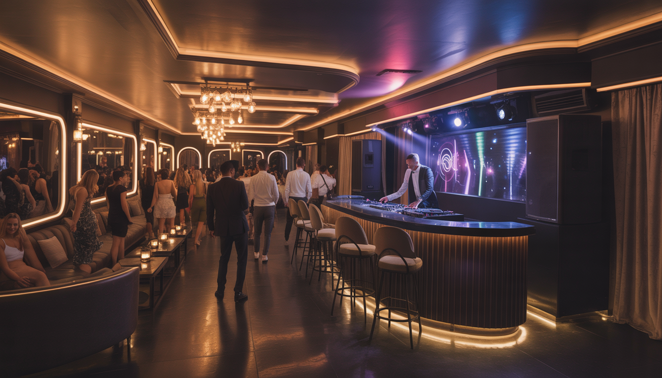 An upscale nightclub interior featuring a DJ booth, ambient lighting, and a lively dance floor with elegantly dressed guests.