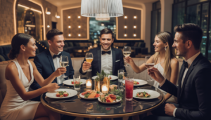 An elegant lounge with ambient lighting and well-dressed adults enjoying gourmet dining, capturing a luxurious and celebratory atmosphere.