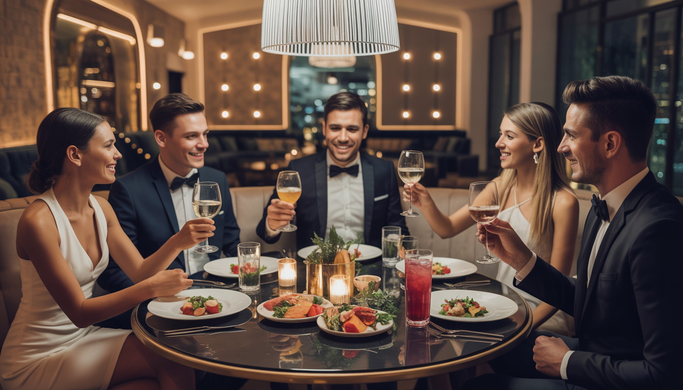 An elegant lounge with ambient lighting and well-dressed adults enjoying gourmet dining, capturing a luxurious and celebratory atmosphere.