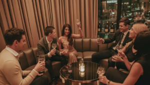 Sophisticated lounge party with guests enjoying bottle service and plush seating, emphasizing exclusivity and celebration.