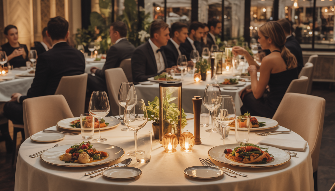 A refined dining setup at Palazio with gourmet dishes and ambient lighting, capturing a lively and sophisticated atmosphere.