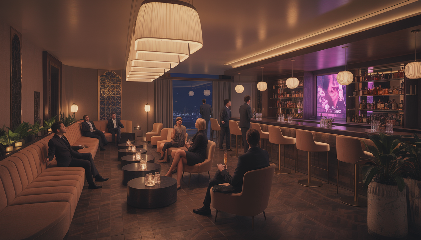 Palazio's VIP lounge with plush seating, a private bar, and a view of the stage, highlighting an exclusive and luxurious atmosphere.