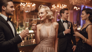 Guests in vintage attire enjoying sparkling wine in an elegant club with luxurious decor and soft lighting.