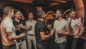 A diverse group of men enjoying live entertainment in a luxurious, ambient nightclub with elegant decor and high-end lighting at Palazio in Austin, Texas.