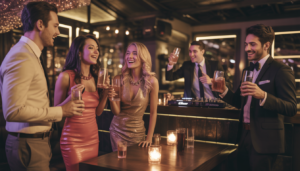 A group of well-dressed adults enjoying drinks at a high-end club in Austin with a live DJ in a dimly lit, elegant setting, showcasing a refined yet festive atmosphere.