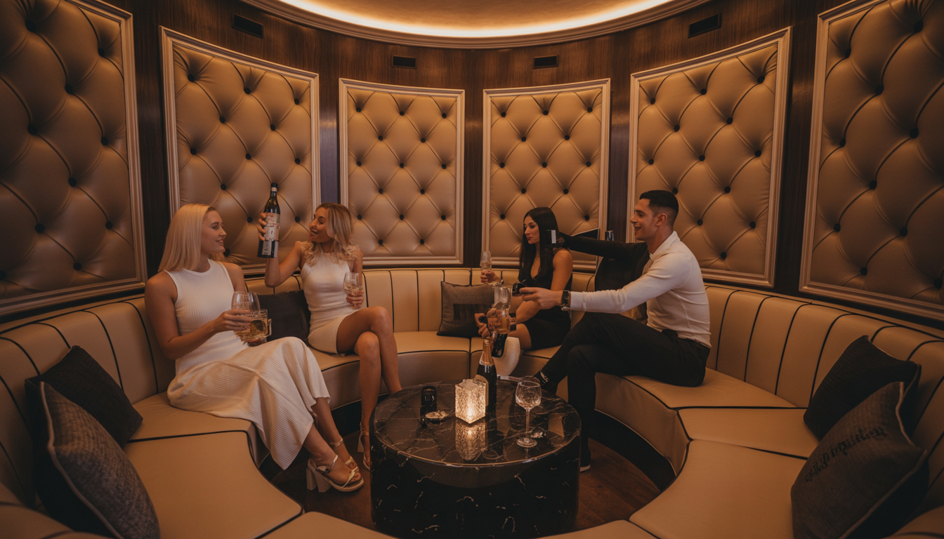 A group celebrating in a private lounge at Palazio, enjoying bottle service and plush seating, highlighting the luxurious VIP experience.