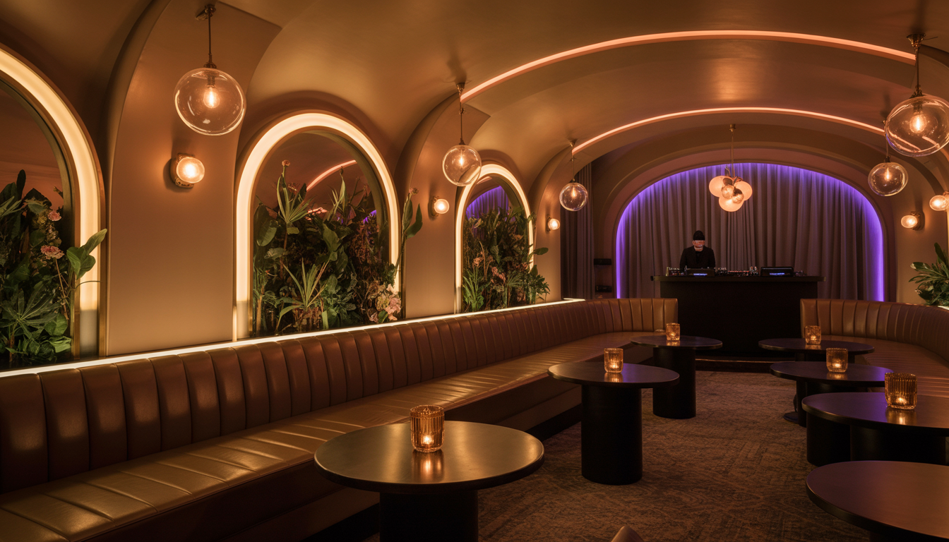 An elegant interior of Palazio with dim lighting, luxurious seating, and a live DJ booth, showcasing a refined nightlife atmosphere.