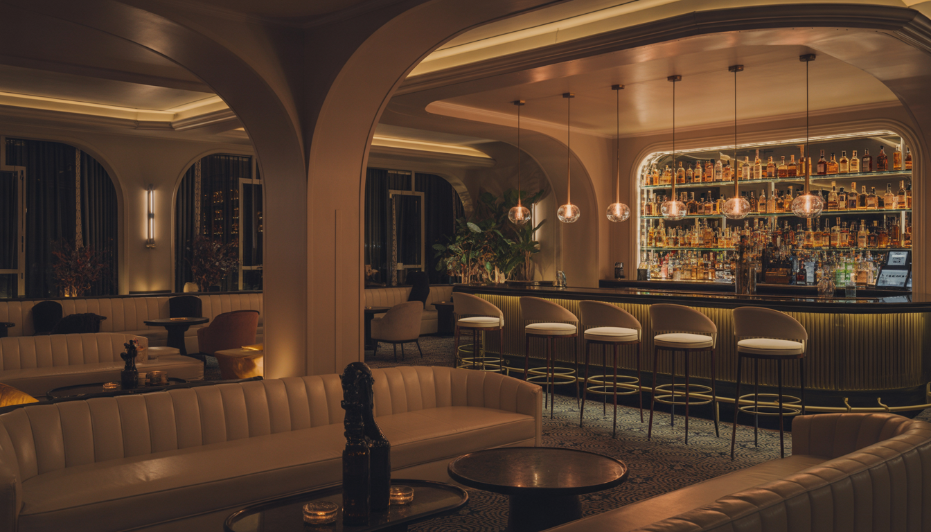 Interior of a luxury nightclub with plush seating, ambient lighting, and a stylish bar in Austin, Texas.
