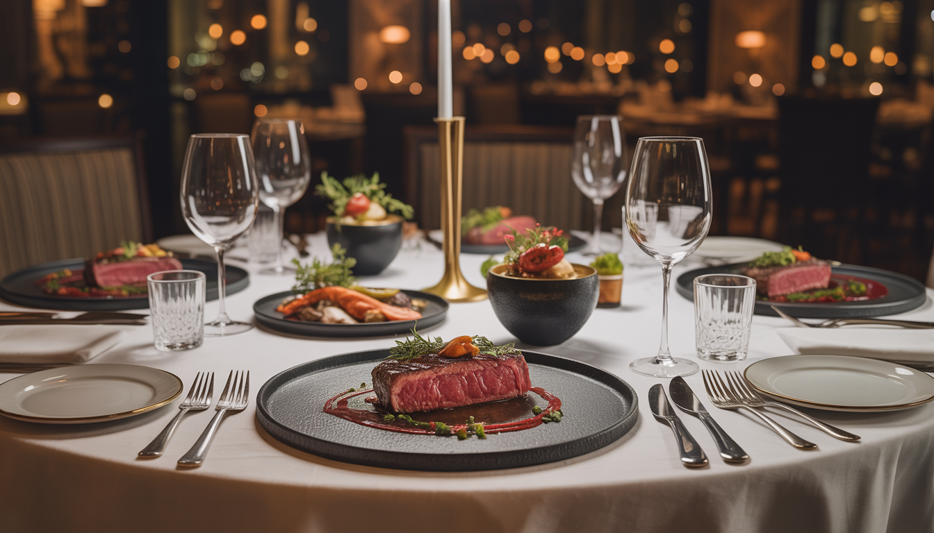 Elegant dining table with gourmet steak, seafood, and dessert in a refined club setting, illustrating a premium dining experience.