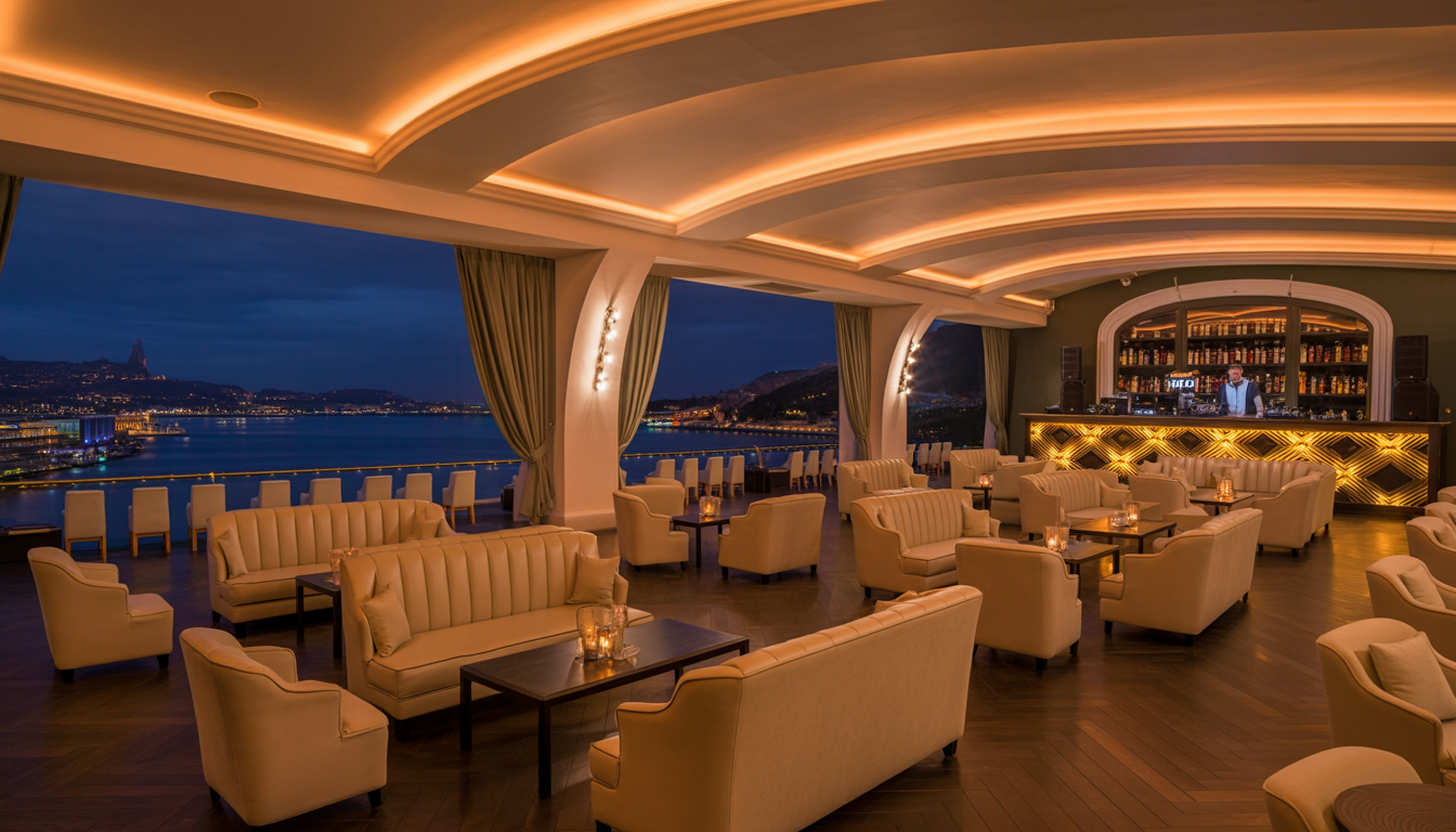 A sophisticated lounge with ambient lighting, plush seating, and a live DJ on stage, embodying a vibrant and refined nightlife scene at Palazio.