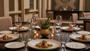 A table set with gourmet dishes and fine dining elements, representing an upscale dining experience at Palazio.