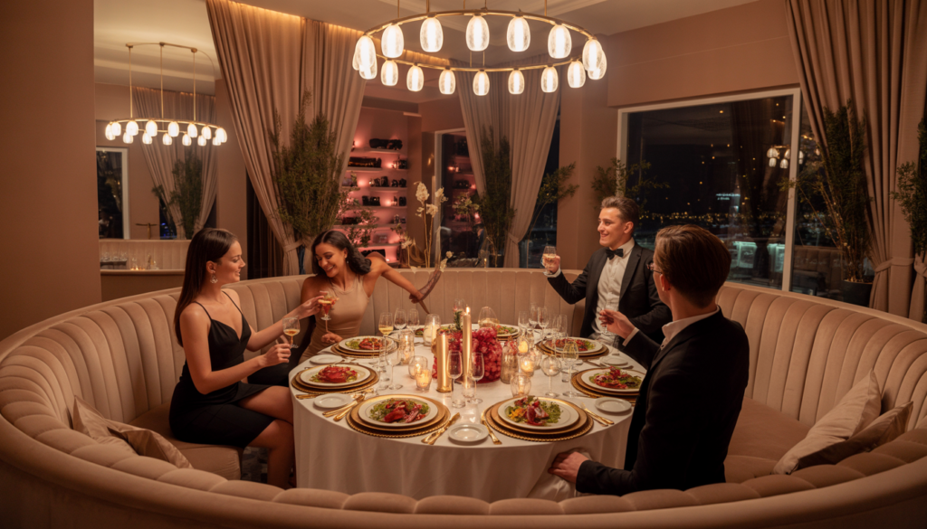VIP lounge at Palazio with plush seating, gourmet dishes, and elegantly dressed guests celebrating a birthday.