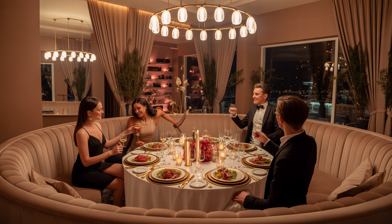VIP lounge at Palazio with plush seating, gourmet dishes, and elegantly dressed guests celebrating a birthday.