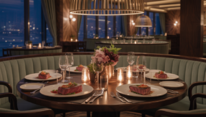 A luxurious dining table with gourmet steaks and seafood, set in an elegant club atmosphere with dim lighting.