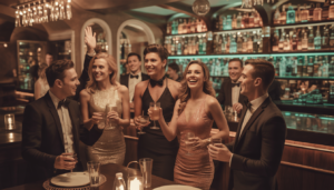 Upscale club with adults celebrating, featuring a sophisticated bar and high-end audiovisual systems.