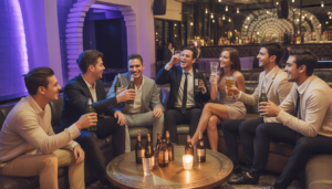 Friends celebrating a bachelor party with bottle service and live entertainment in a modern, upscale club.