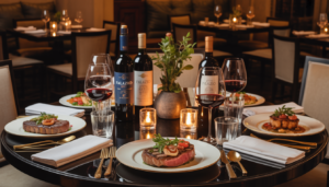 An elegant dining table at Palazio in Austin with gourmet dishes and premium wines, set in a sophisticated atmosphere.