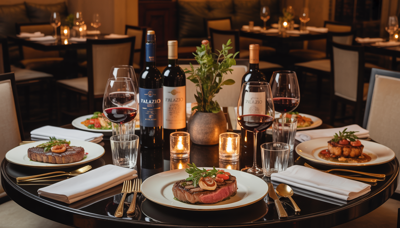 An elegant dining table at Palazio in Austin with gourmet dishes and premium wines, set in a sophisticated atmosphere.