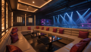 VIP lounge in a nightclub with plush seating and bottle service, offering a view of the main stage.