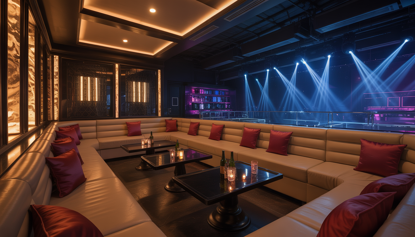 VIP lounge in a nightclub with plush seating and bottle service, offering a view of the main stage.
