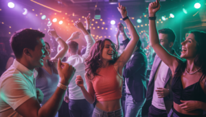 Energetic club scene with people dancing to live DJ music under colorful lights, illustrating a vibrant nightlife experience.