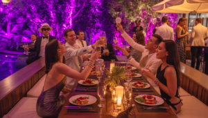 Guests in elegant attire enjoying a cabana party with gourmet dining and live entertainment at Palazio in Austin, Texas.