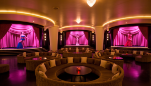 A luxurious lounge interior featuring three stages for performances, with ambient lighting and plush seating.