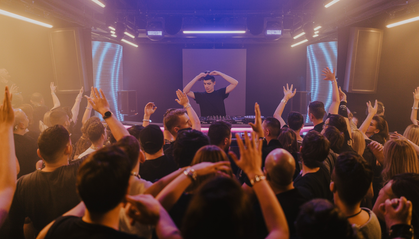 Live DJ performance on stage with an energetic crowd and dynamic lighting, depicting a vibrant nightlife scene.