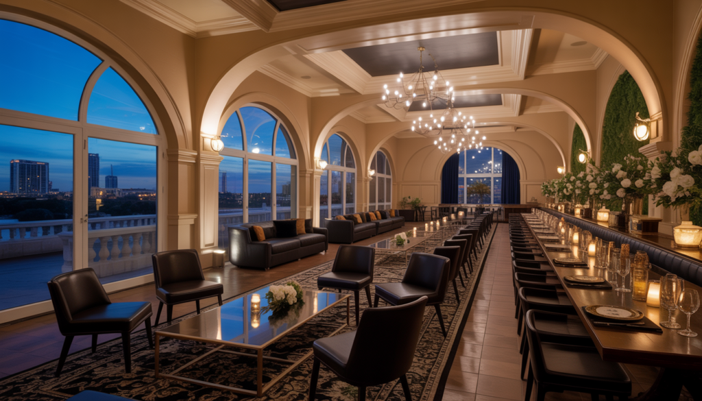 An upscale event venue in Austin with elegant decor and high-end audiovisual equipment, showcasing a luxurious and lively atmosphere.