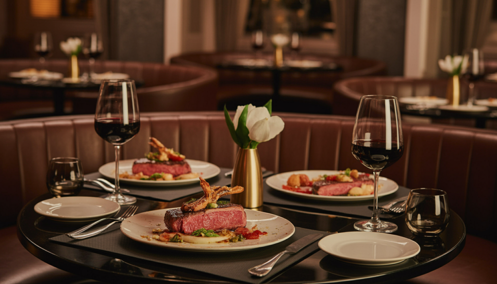 An elegant table at Palazio with gourmet steak and seafood dishes, a glass of red wine, and luxurious ambiance.