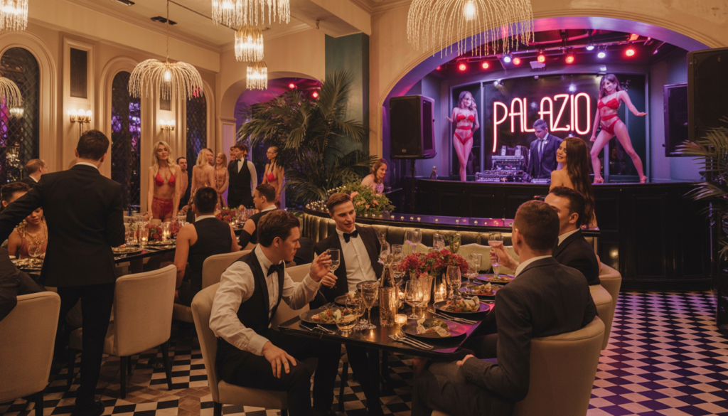 A luxurious club interior at Palazio in Austin with elegant lighting and décor, featuring groups enjoying gourmet dining and live entertainment.