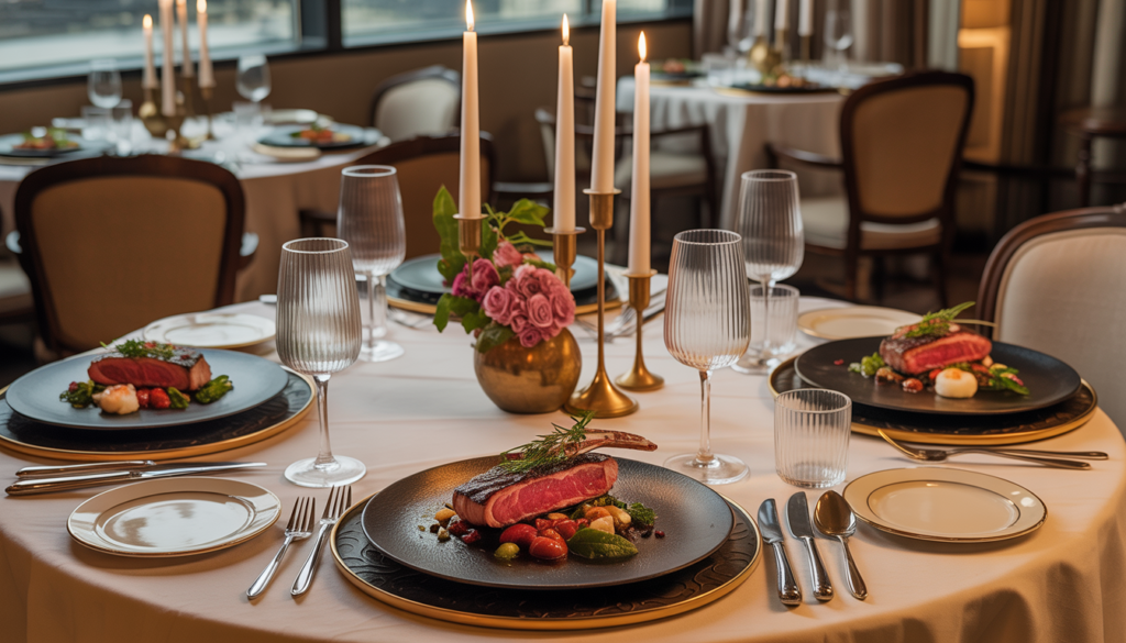 A table set for gourmet dining at Palazio, featuring elegant tableware and gourmet dishes like steaks and seafood, in a luxurious setting.