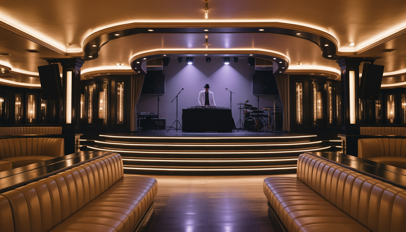 Interior of a high-end club with elegant lighting, plush seating, and a stage featuring a live DJ setup and musical instruments, conveying a sophisticated and indulgent atmosphere.