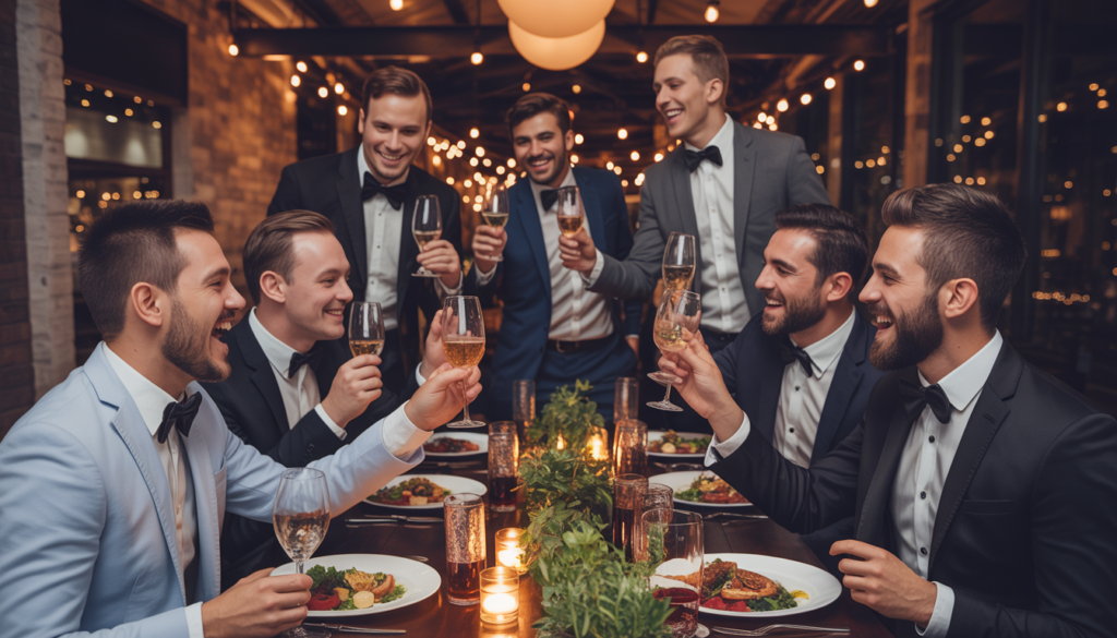 Group of adults celebrating at an upscale venue, enjoying a gourmet meal with stylish decor and ambient lighting.