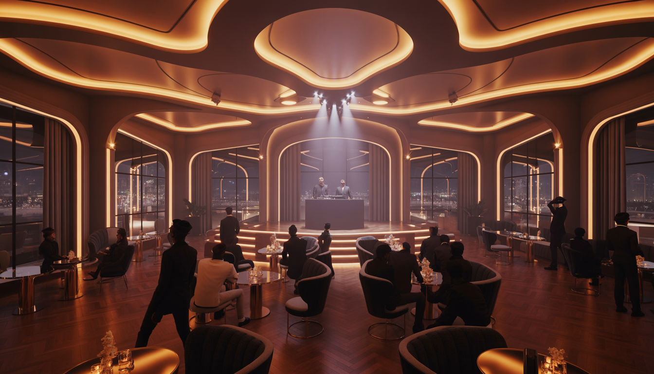 Interior of a luxurious nightclub with three stages, elegant lighting, a live DJ booth, and guests enjoying the vibrant atmosphere.