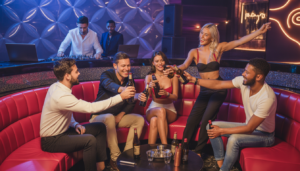 Group celebrating with bottle service in a VIP lounge, featuring plush seating and a live DJ performance.