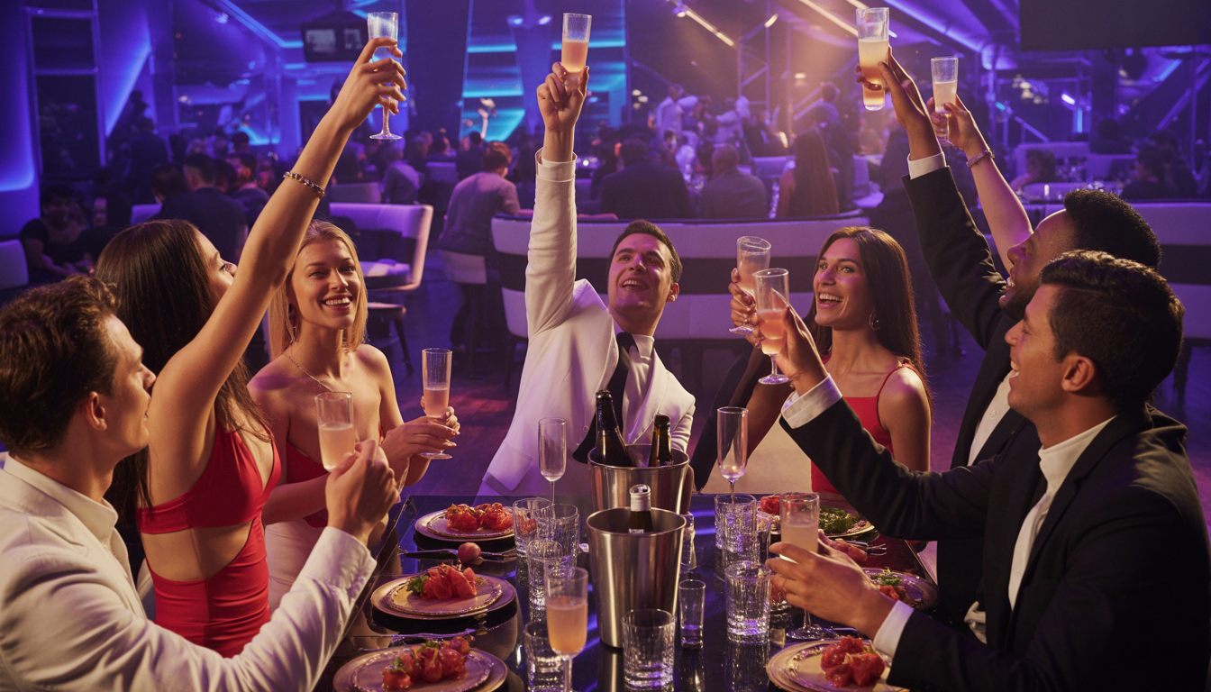A group of adults celebrating with bottle service at a table, lively dance floor visible in the background.