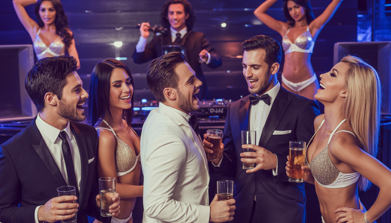 A group of adults celebrating a bachelor party at a high-end club with live entertainment and a DJ.