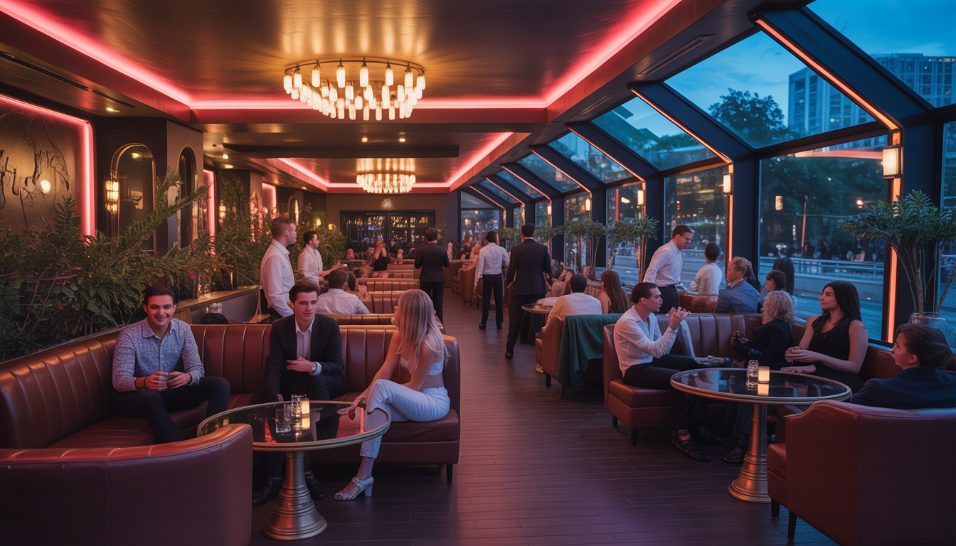 An upscale club interior in Austin, Texas, with ambient lighting, stylish seating, and a lively crowd, showcasing a sophisticated nightlife scene.