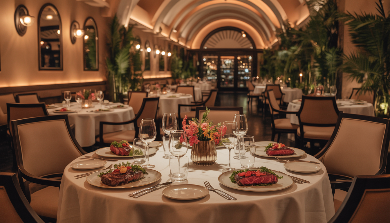 An upscale dining scene at Palazio with elegantly set tables featuring gourmet steaks and seafood, surrounded by ambient lighting and refined decor.