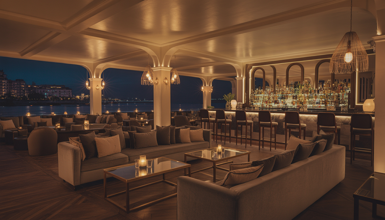A luxurious lounge with elegant lighting, plush seating, and a high-end bar, representing a sophisticated event venue.