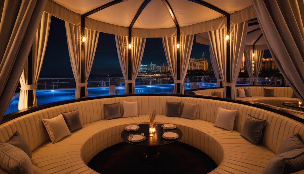 Private VIP lounge in a luxury nightclub with plush seating and curtained cabanas, illustrating an exclusive and comfortable setting for special occasions.