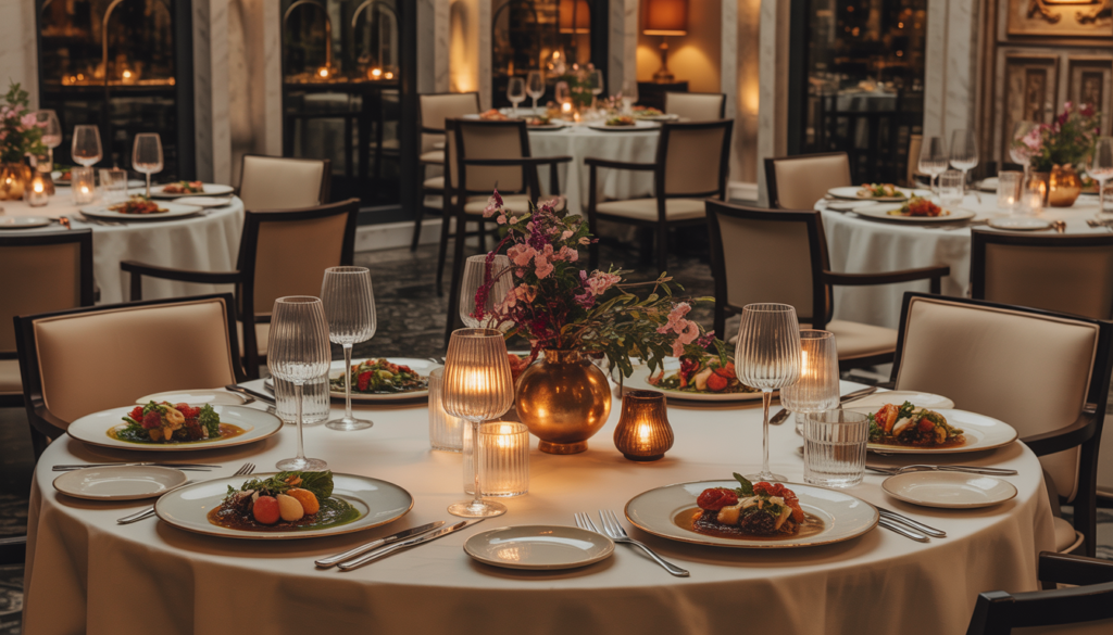 An elegant dining table at Palazio with gourmet dishes and ambient lighting, showcasing an upscale dining experience.